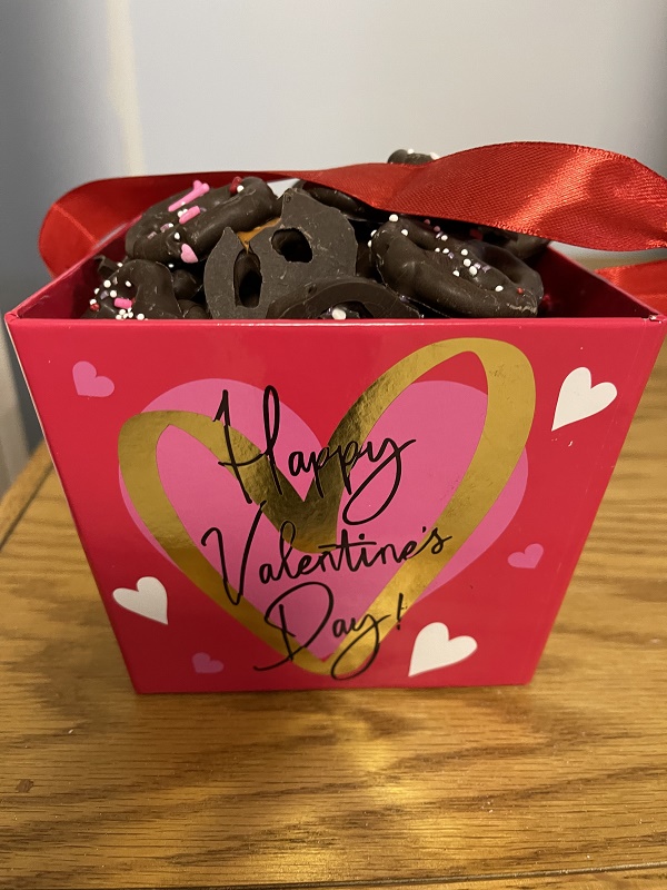 Valentine Container of Mini Dark Chocolate Covered Pretzels - 1 pound